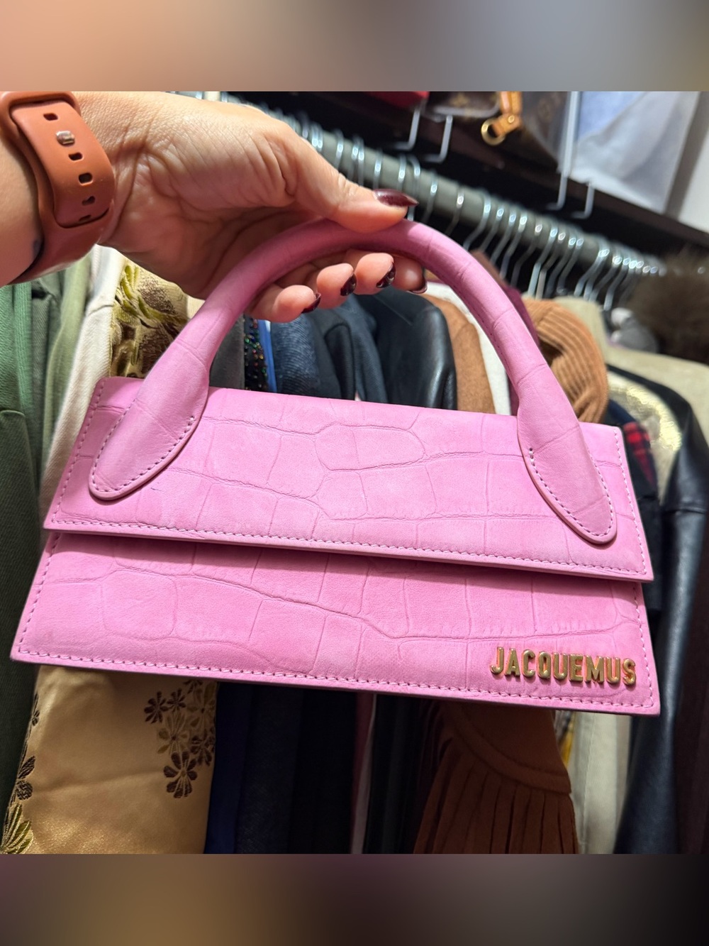 Jacquemus Pink Croc-Embossed Mini Handle Bag with Gold Logo